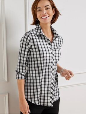 Talbots Plus Black and White Checker No-Iron Cotton Collared Office Long Blouse